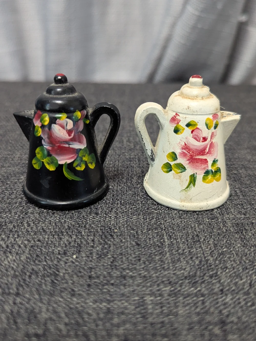 Cast Iron Coffee Tea Pot  Salt Pepper Shakers Floral Hand Painted Vintage Mini